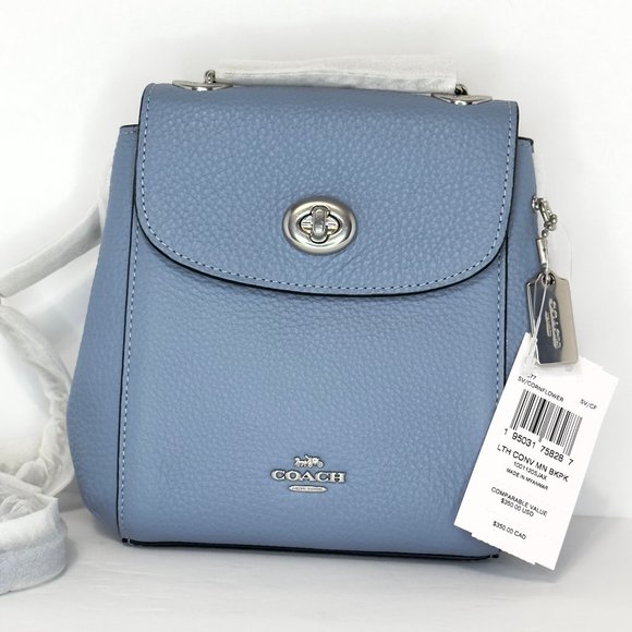 Coach Convertible Pebble Leather Mini Backpack Crossbody Silver/Blue NWT - Picture 1 of 10